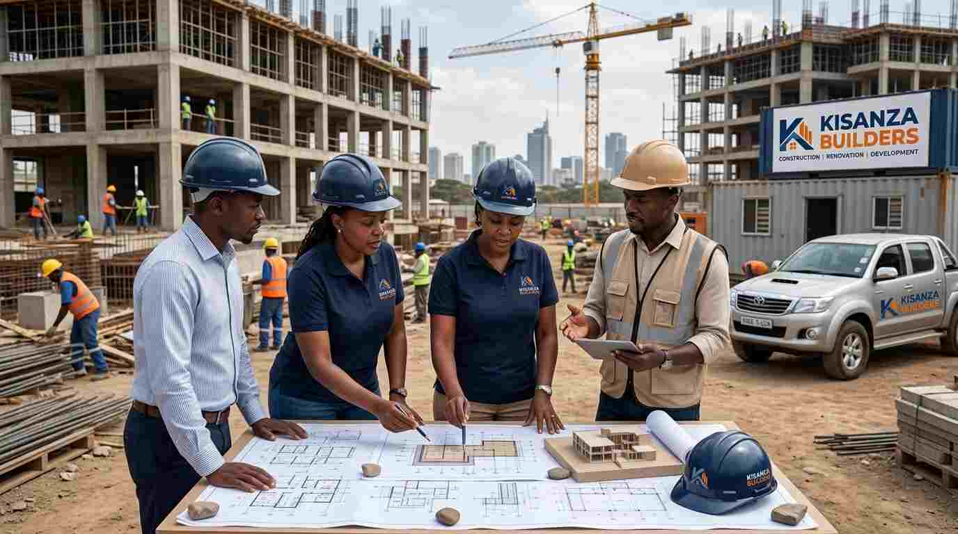 Kisanza Builders team reviewing blueprints on site