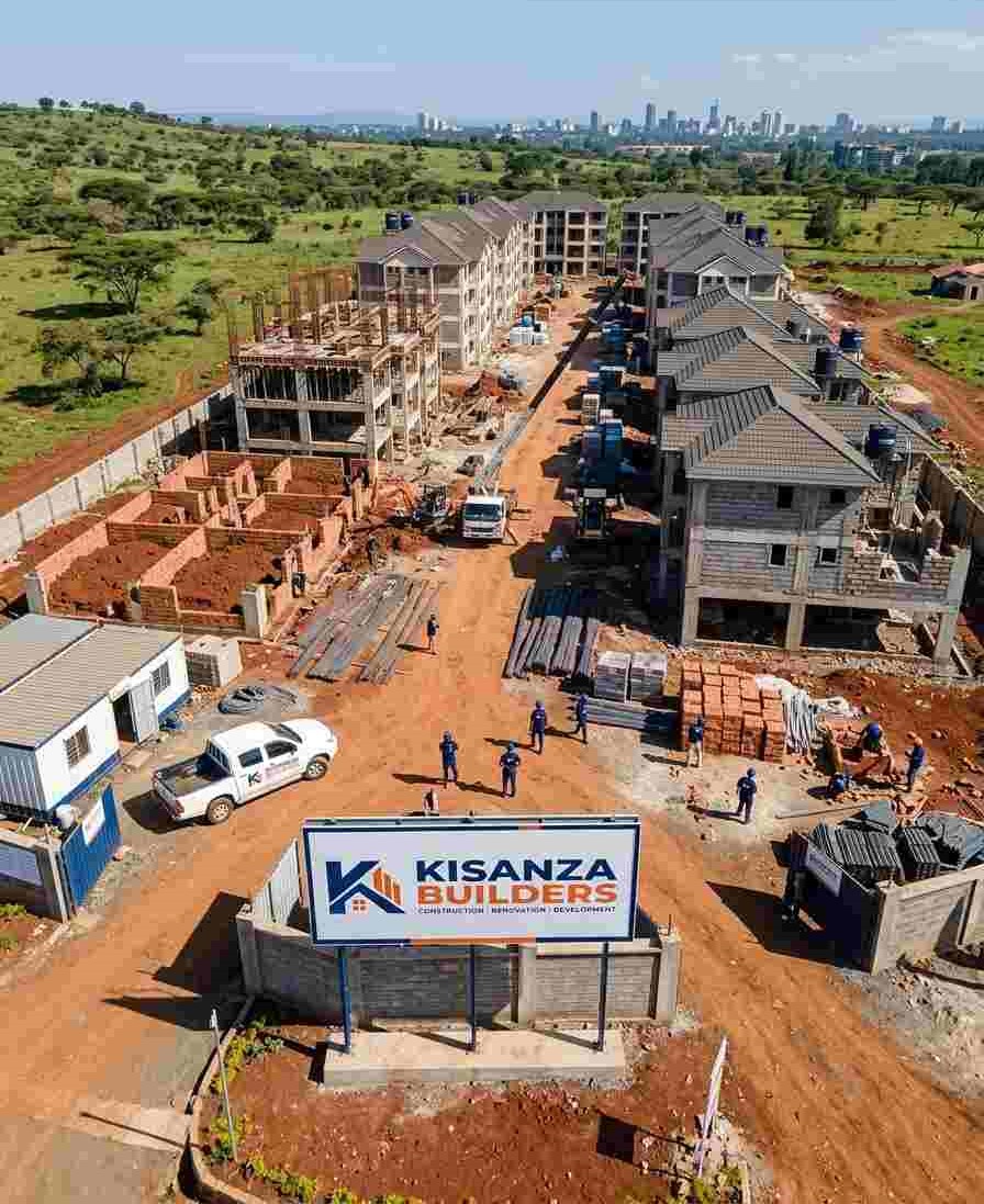 Large housing development with city skyline